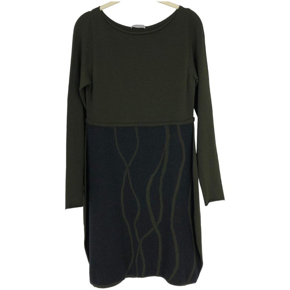 Sarah Pacini Two-Tone Moss Green & Black Long Sleeve Midi Dress size ~L